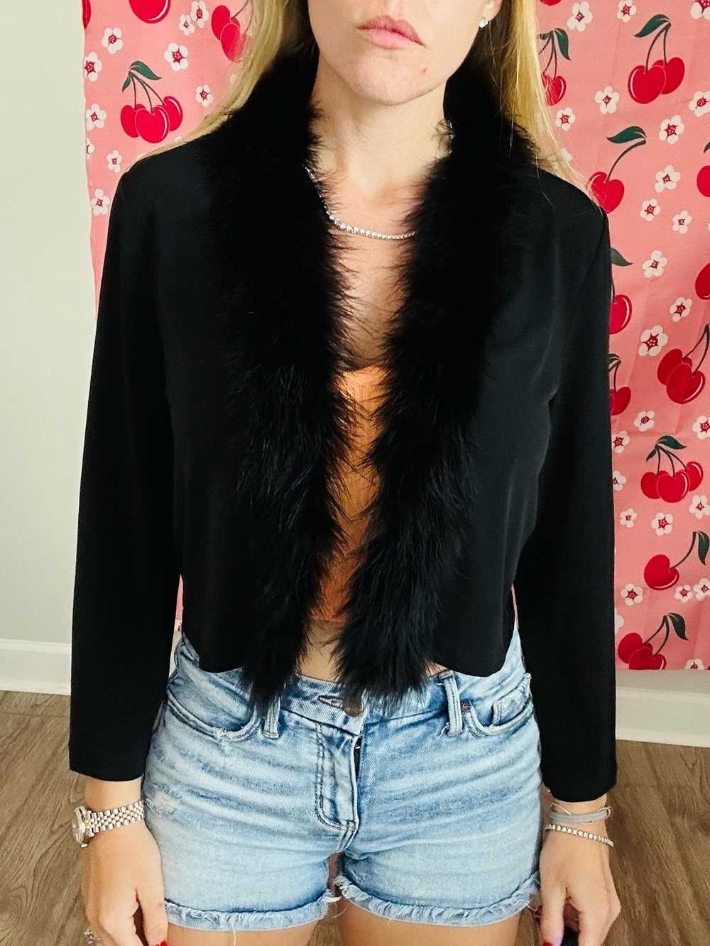 new directions Black Faux Fur Trim Cropped Open-Front Jacket